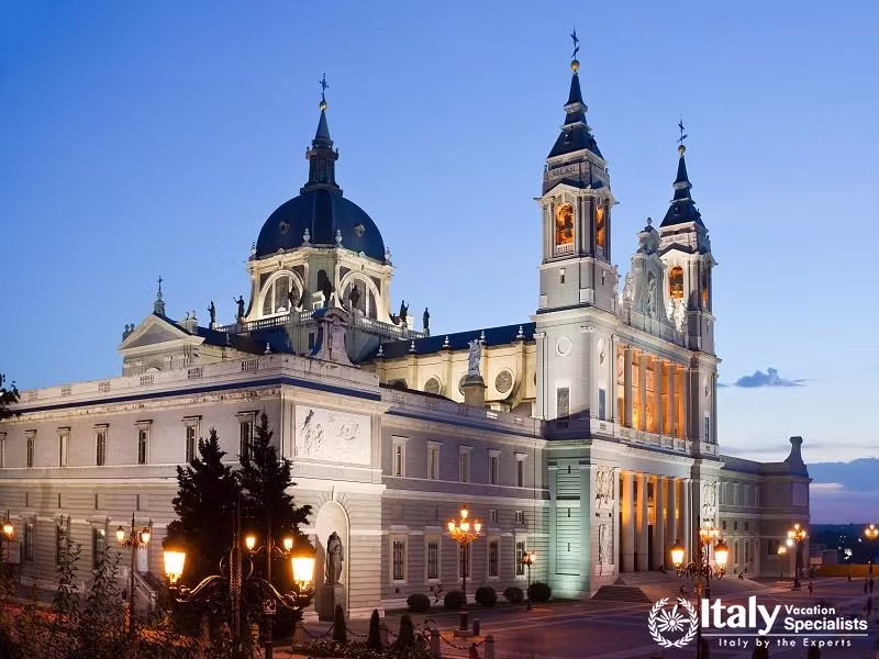 Night View of Santa Maria La Real de La Almudena Cathedral in Madrid, Spain