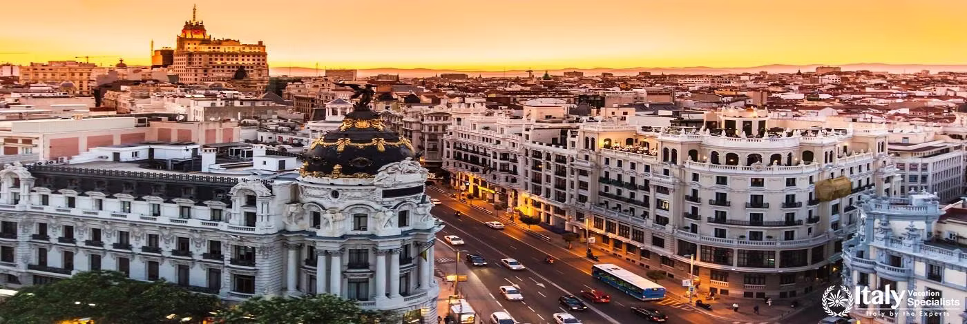 Panoramic Aerial View of Gran Via, Main Shopping Street in Madrid, Capital of Spain