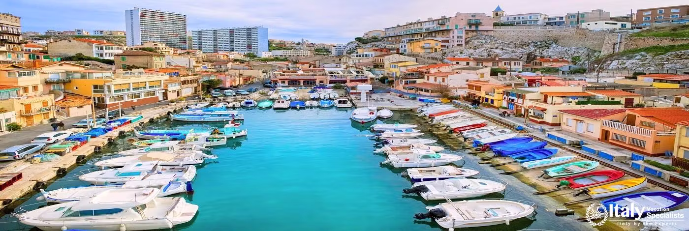 Colorful Yacht Harbour in Old City of Marseilles, France