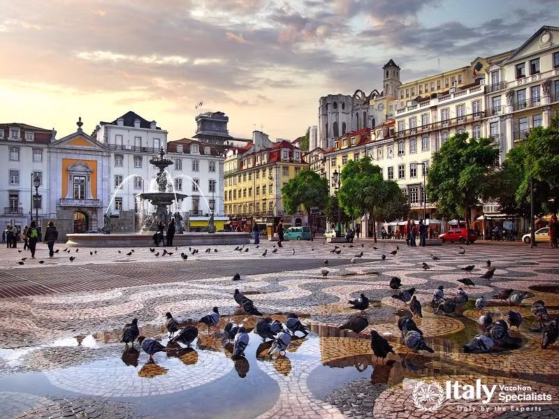 Panorama of Rossio Square in Old Downtown Lisbon, Portugal