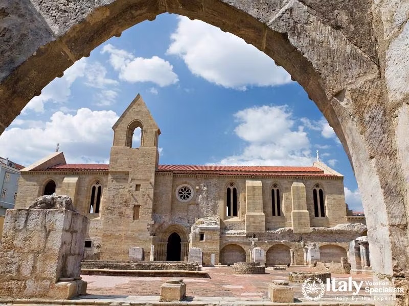 View Through Stone Arch of Museum of Excavated Cloister Complex Santa Clara Velha in Coimbra, Portug