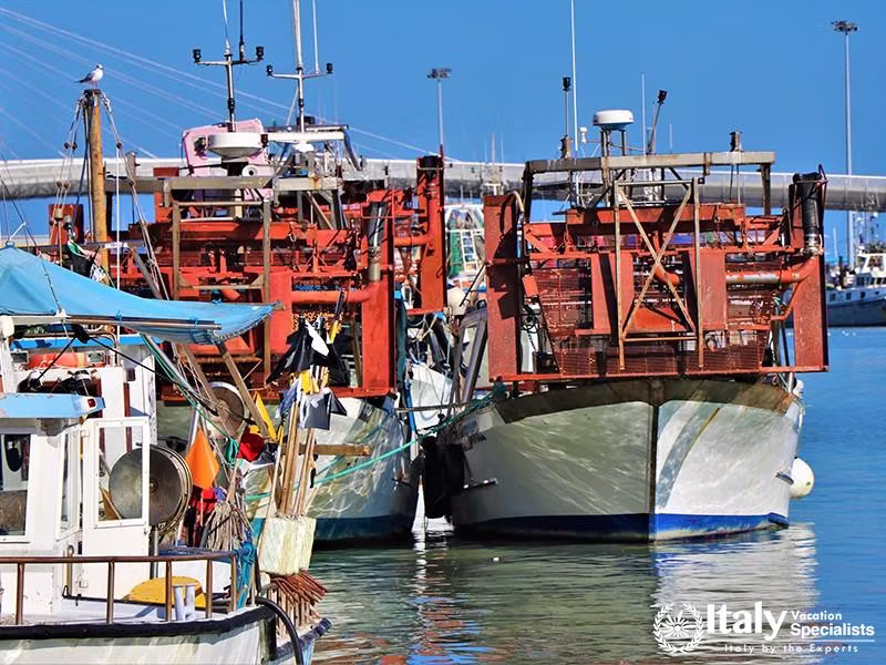 Pescara, Italy. Fishing boats anchored in the river, just before the Adriatic sea