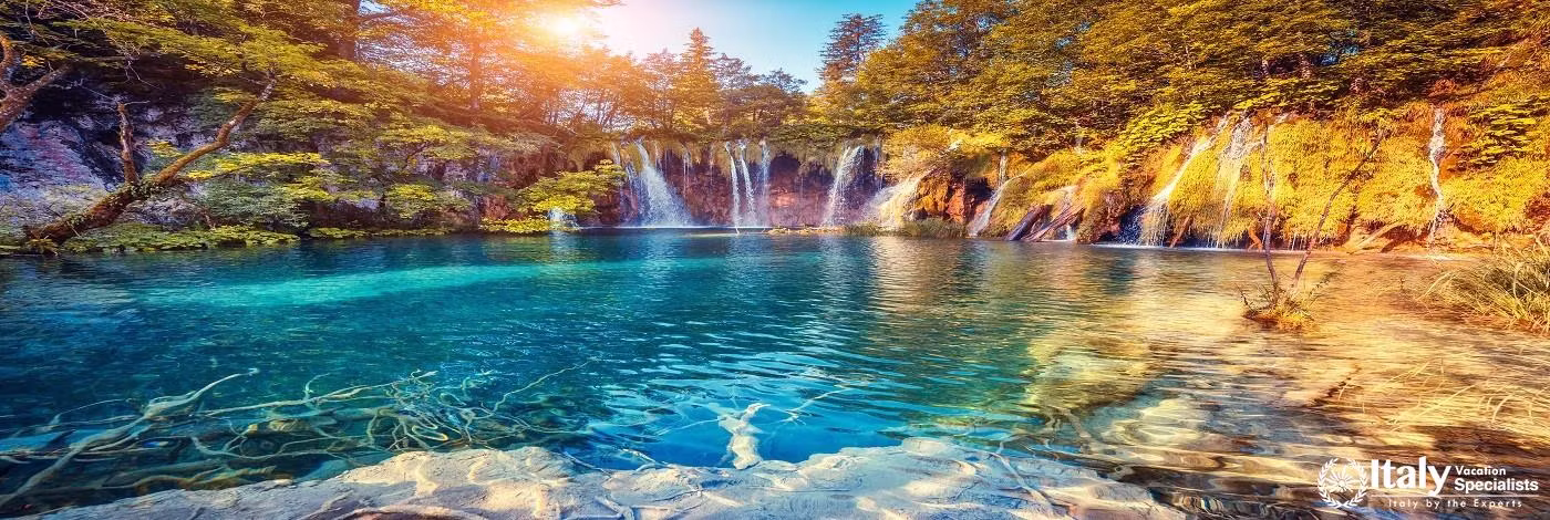 Majestic View on Turquoise Water and Sunny Beams in the Plitvice Lakes National Park, Croatia