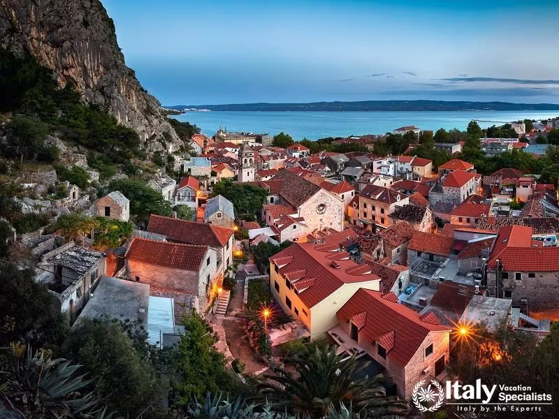 Aerial View of Omis and Church of the Holy Cross in the Evening, Omis, Dalmatia, Croatia