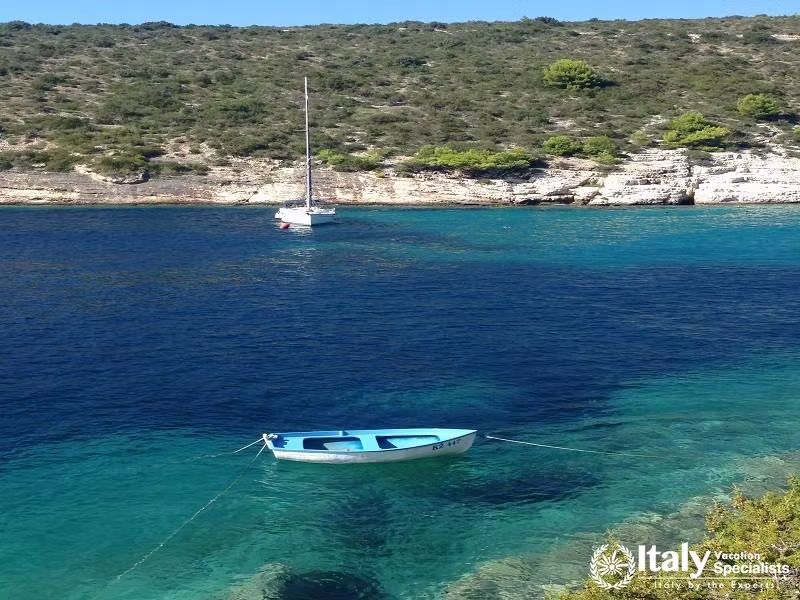 Little Wooden Fishing Boat Moored in Bay on the Island of Bisevo, Croatia