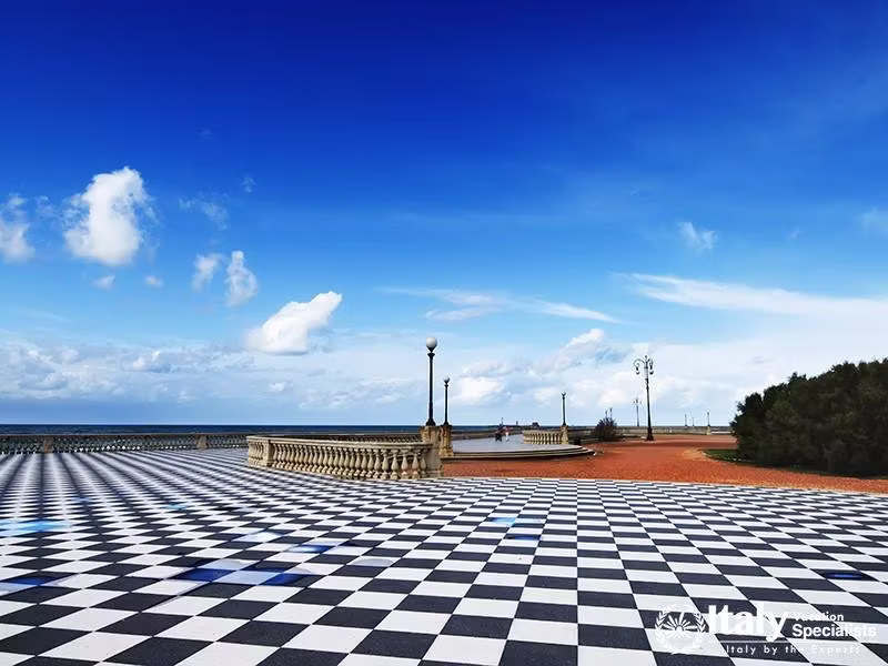 Abstract patterns in singular terrace Mascagni in Livorno, Italy. Mascagni terrace is a paved terrac