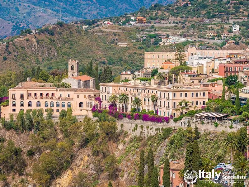 Panoramic sight from the Ancient Greek Theater in Taormina. Province of Messina, Sicily, southern It