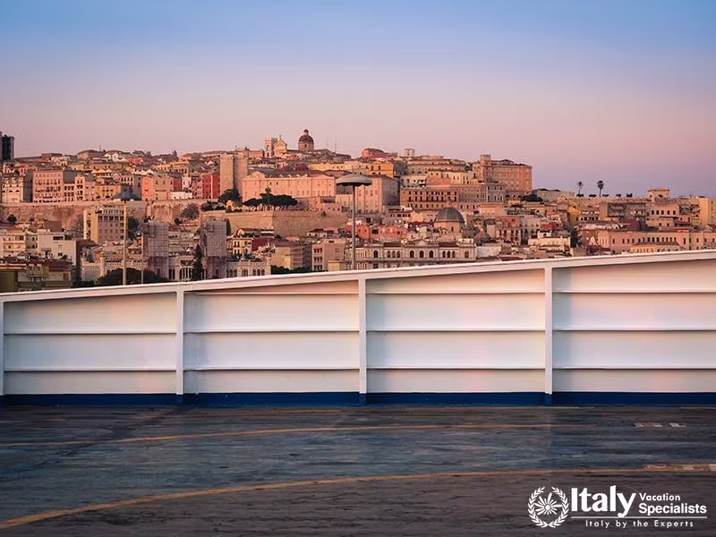 Cagliari seen from the deck of a ship moored in the harbor.