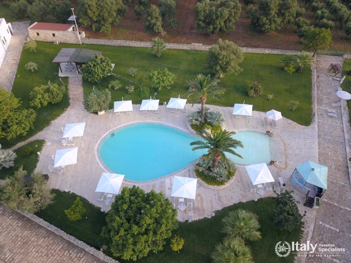 Aerial View of the Pool, Gardens, and Masseria Grounds