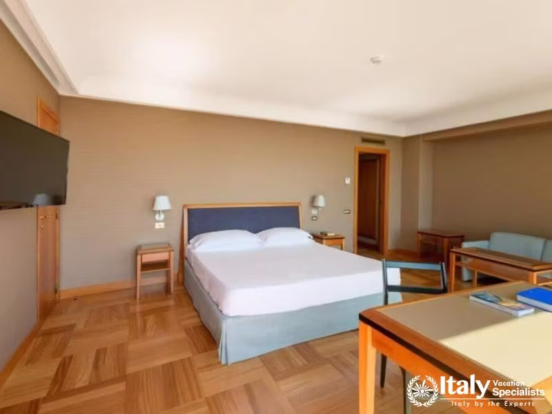 A spacious and bright room with minimalist decor and a large bed.