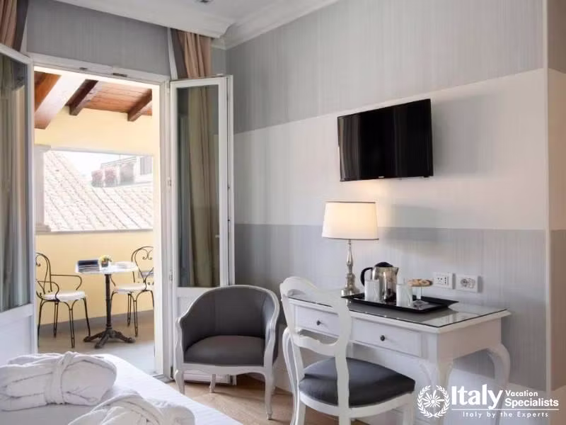Chic Boutique Bedroom Interior of Hotel Rapallo Florence, Italy, Luxury Stay
