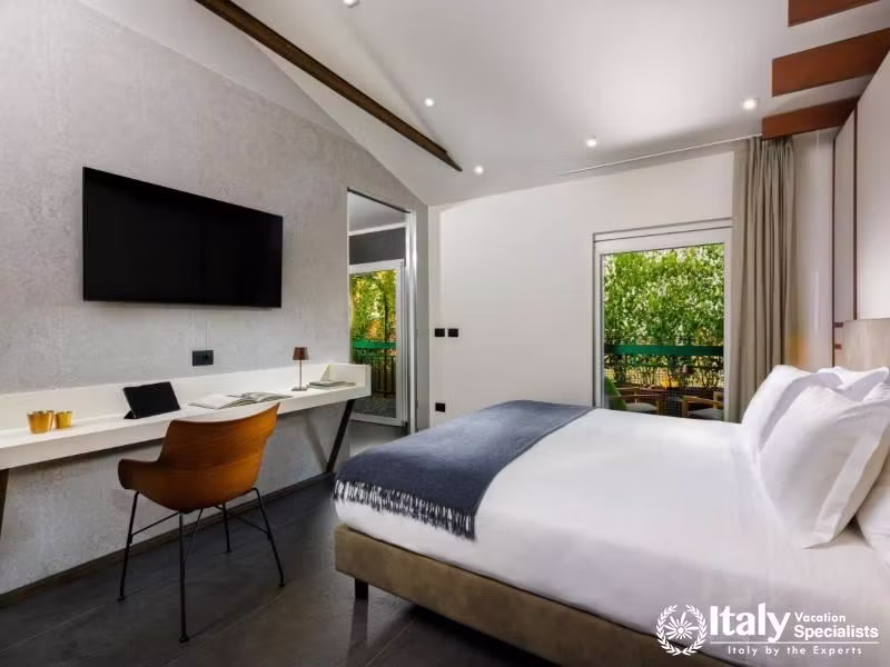 Relax in a luxurious penthouse suite with contemporary decor and serene views.
