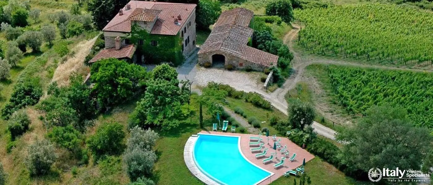 Enjoy a serene view of our vineyard and pool, set amidst the rolling Tuscan hills.