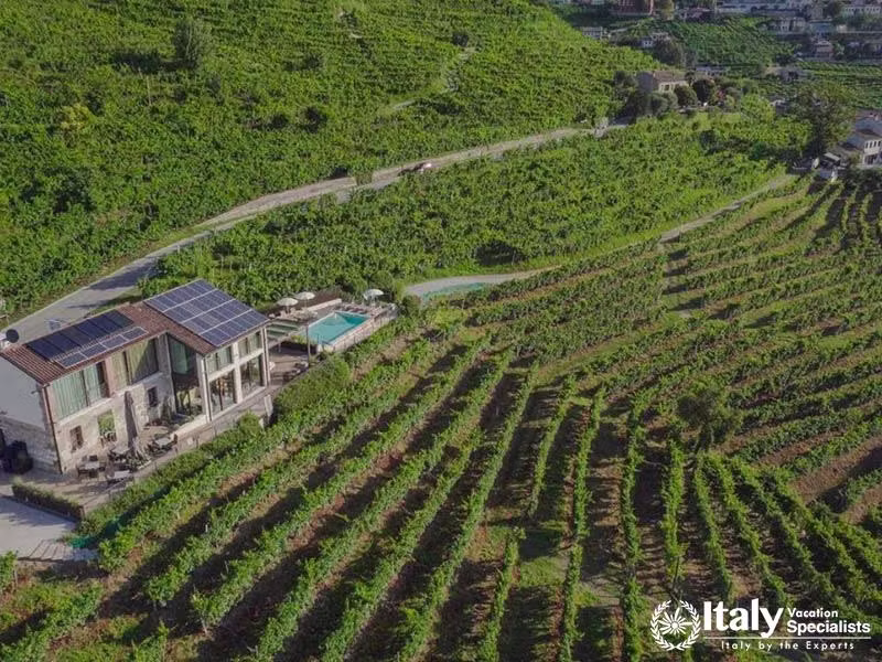 Aerial View of Agriturismo Due Carpini Surrounded by Vineyards in Valdobbiadene, Italy