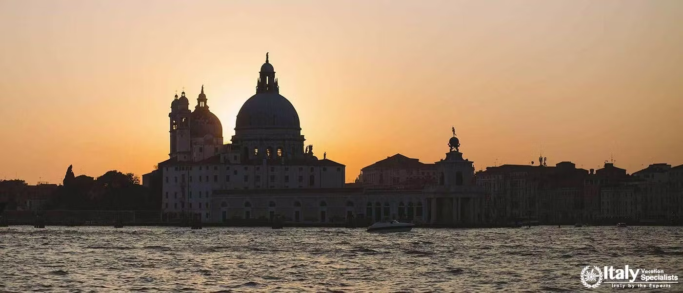 Sunset silhouetting the Santa Maria della Salute dome with Hotel Al Codega just a gondola ride away.