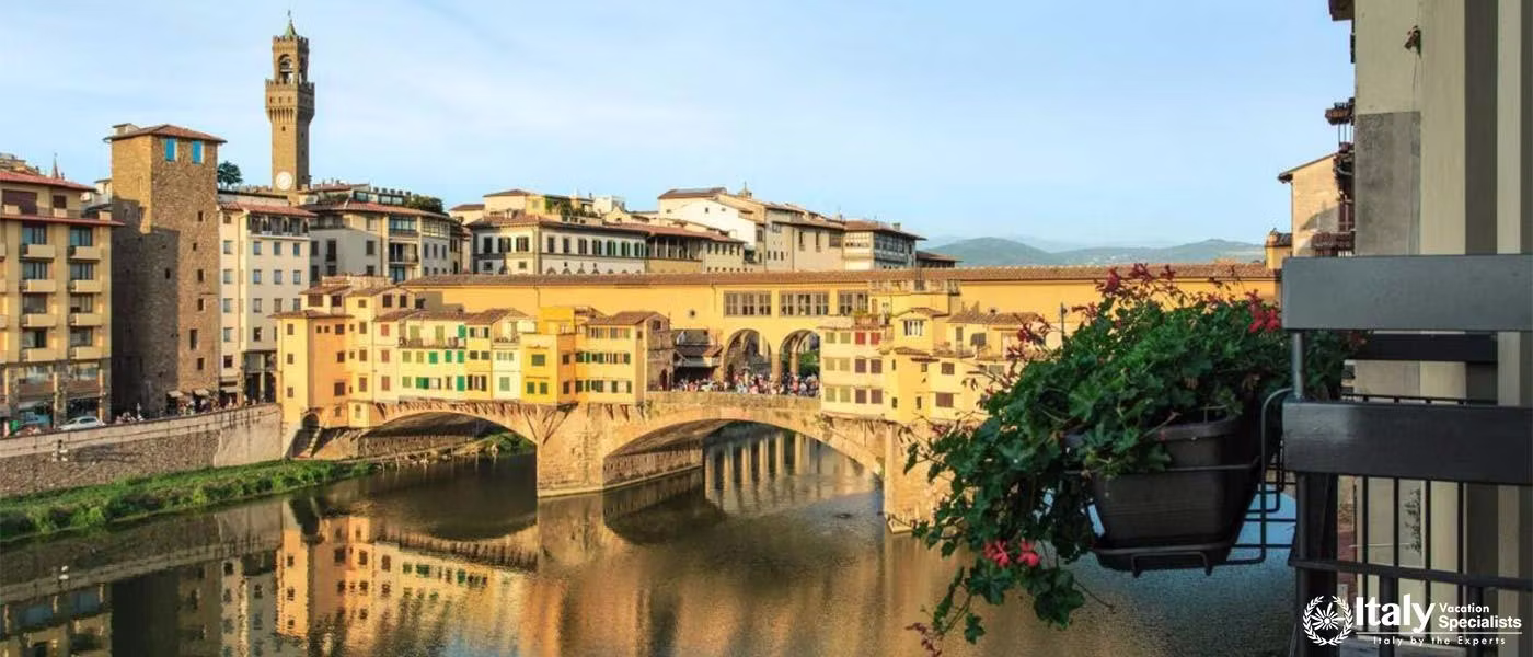Picturesque River View of Ponte Vecchio from Hotel Lungarno in Florence, Italy