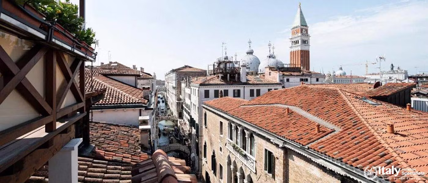 Overlooking the rooftops of Venice, Hotel Colombina presents a picturesque urban landscape.
