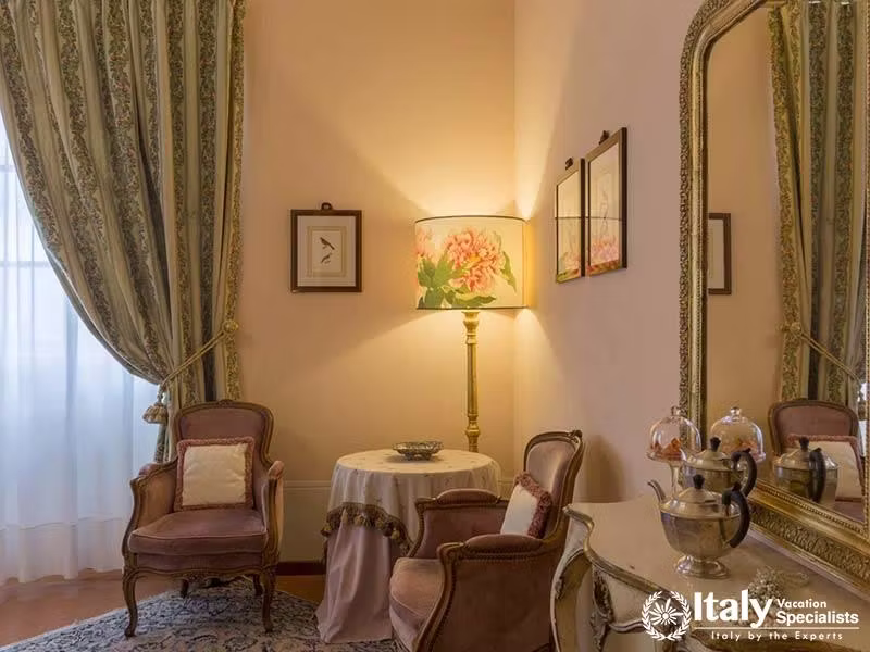 Cozy Seating Nook with Antique Touches at Hotel Villa Marsili in Cortona, Italy