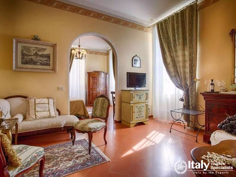 Sophisticated Sitting Area in a Luxurious Suite at Hotel Villa Marsili in Cortona, Italy