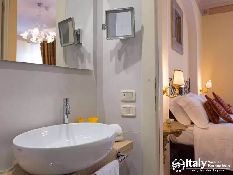 Modern Vanity Setup in a Chic Suite at Hotel Villa Marsili in Cortona, Italy