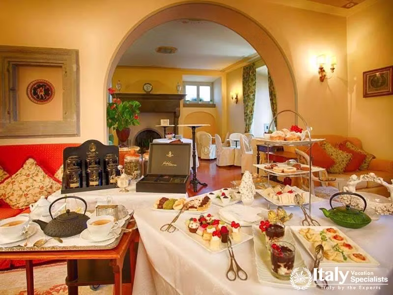 Sumptuous Afternoon Tea Setup at Hotel Villa Marsili in Cortona, Italy