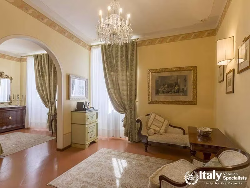 Luxurious Lounge with Crystal Chandelier at Hotel Villa Marsili in Cortona, Italy