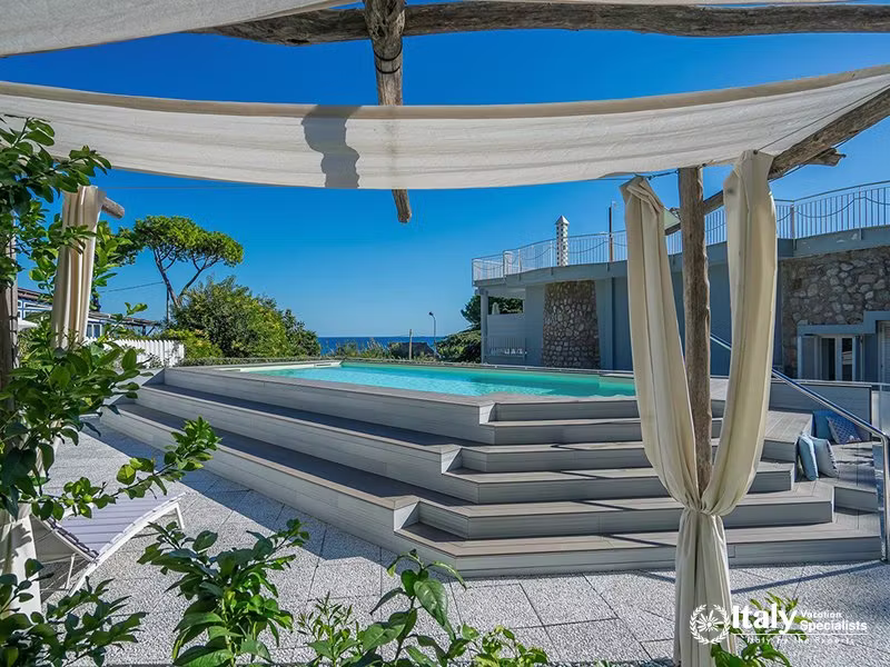 Elegant Pool Area with Sea View in Villa del Mar, Marina del Cantone