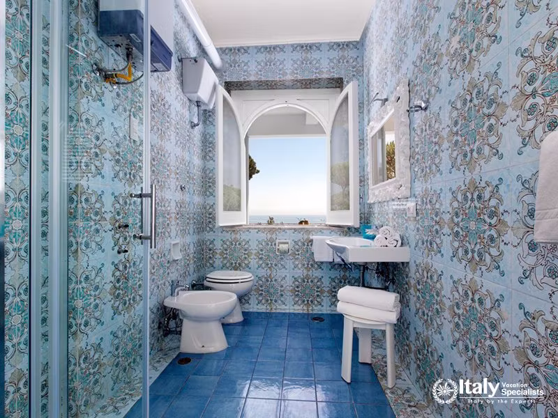 Stylish Bathroom with Sea View in Villa del Mar, Marina del Cantone