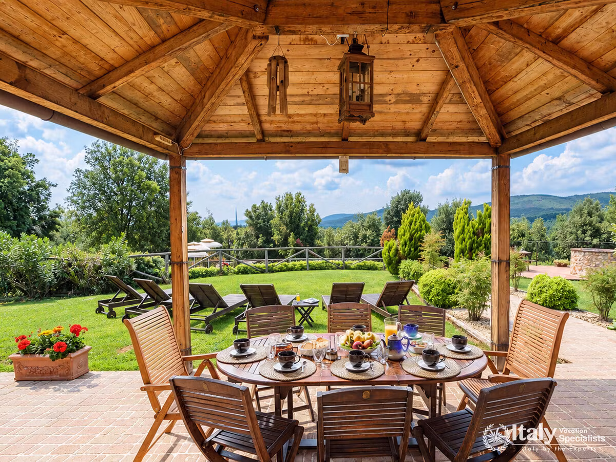 Covered Outdoor Dining with Garden Views
