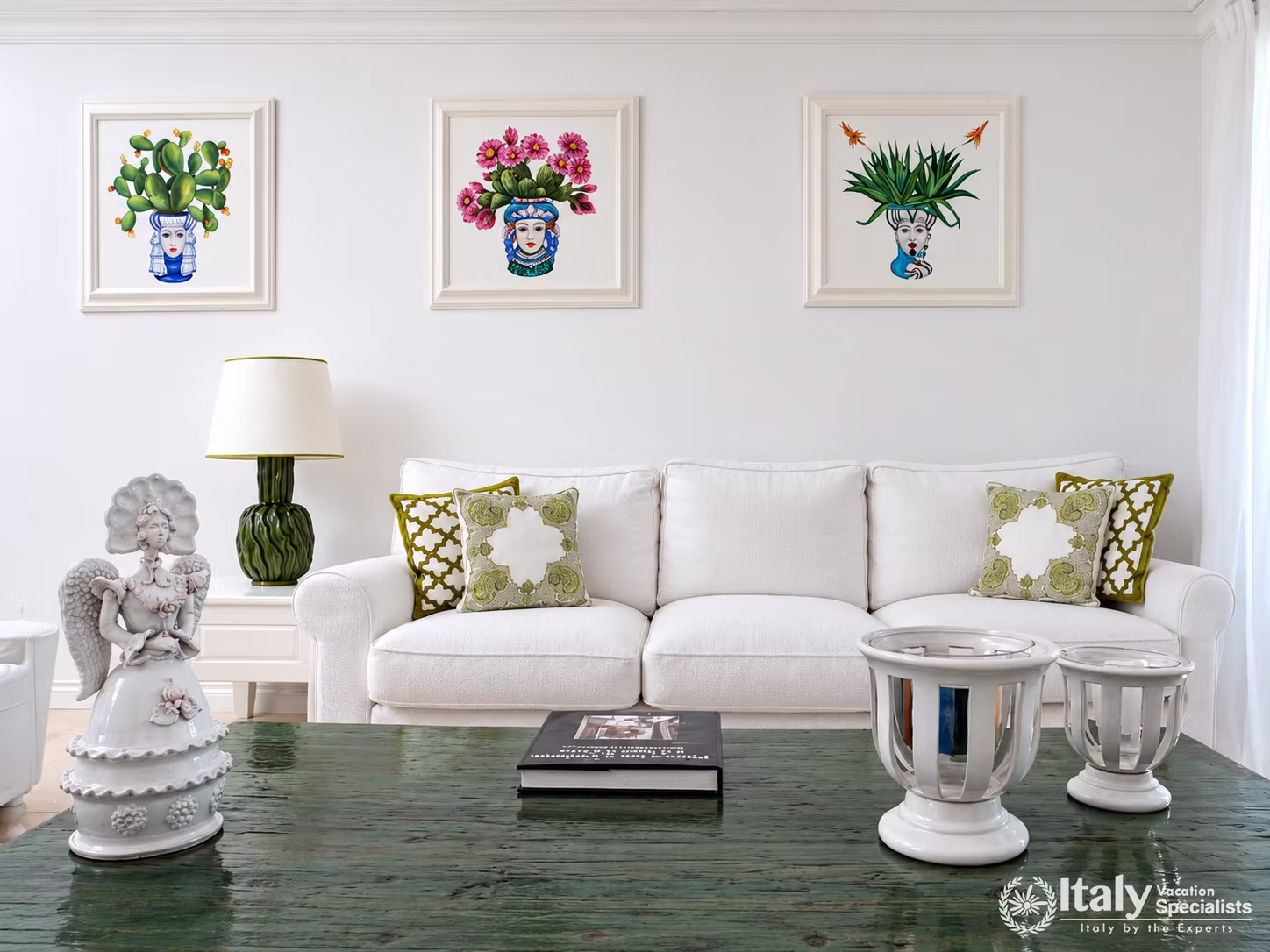 Elegant White Lounge with Botanical Artwork