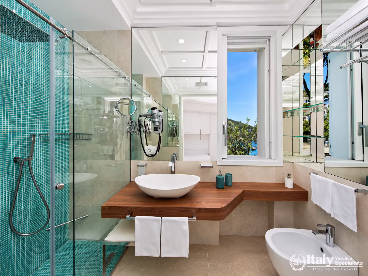 Turquoise Mosaic Bathroom with Wooden Vanity
