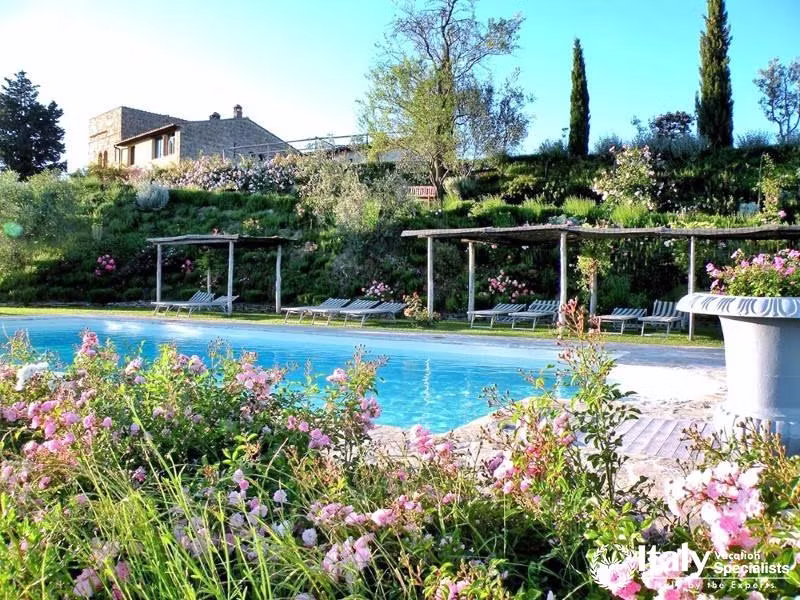 Swimming pool with blooming flowers near Florence, Italy.