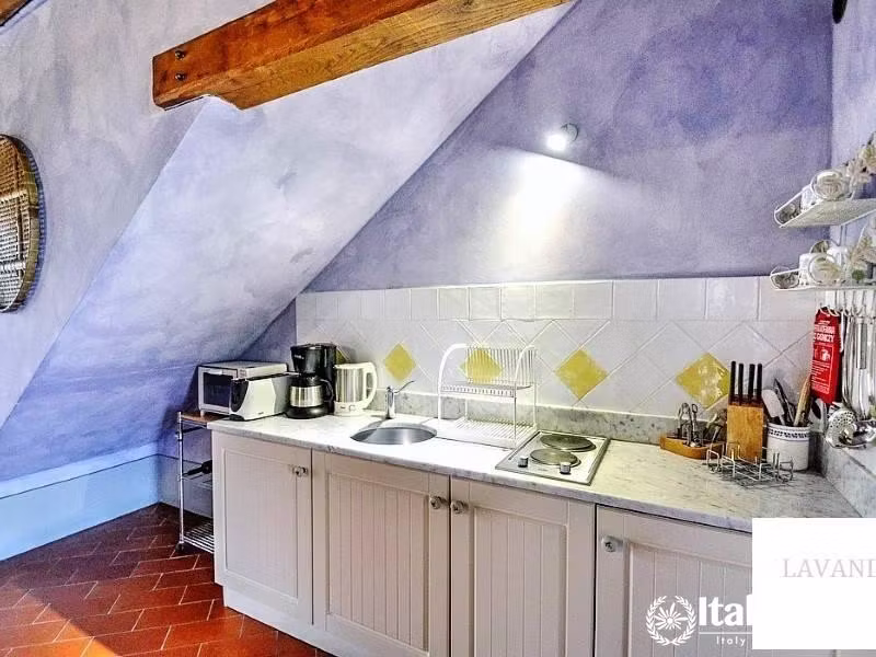 Compact kitchen with wooden beams and modern amenities.