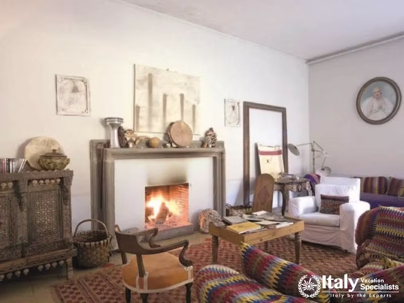Warm and inviting living room with a fireplace and eclectic decor.