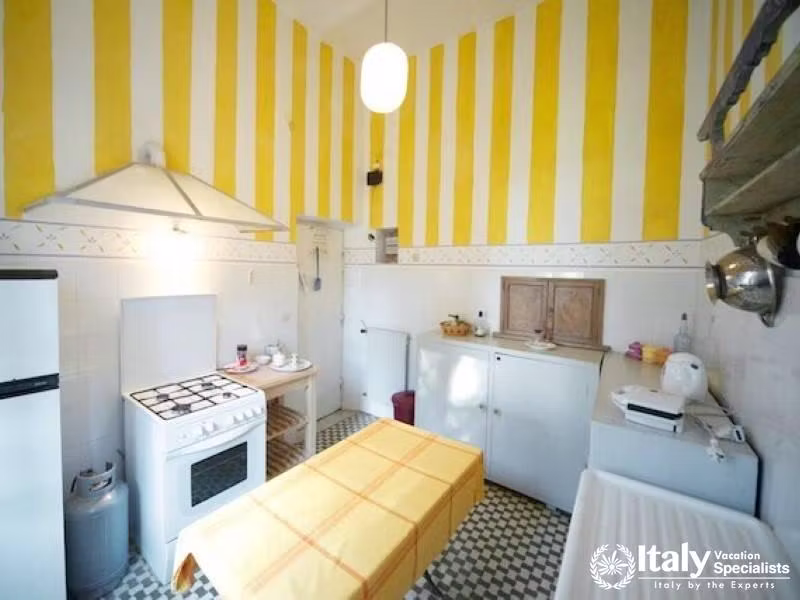 Bright kitchen with yellow striped walls and modern amenities.