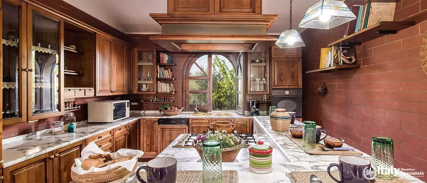 Rustic kitchen with modern amenities for a comfortable stay.