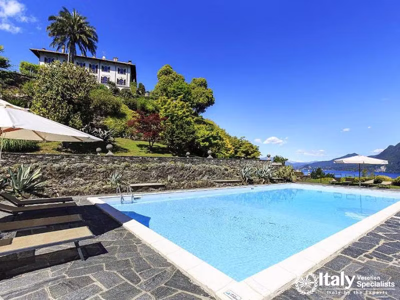 The Magnificent View of the Villa, Gardens, and Lake in Villa Verbania in Lake Maggiore, Italy
