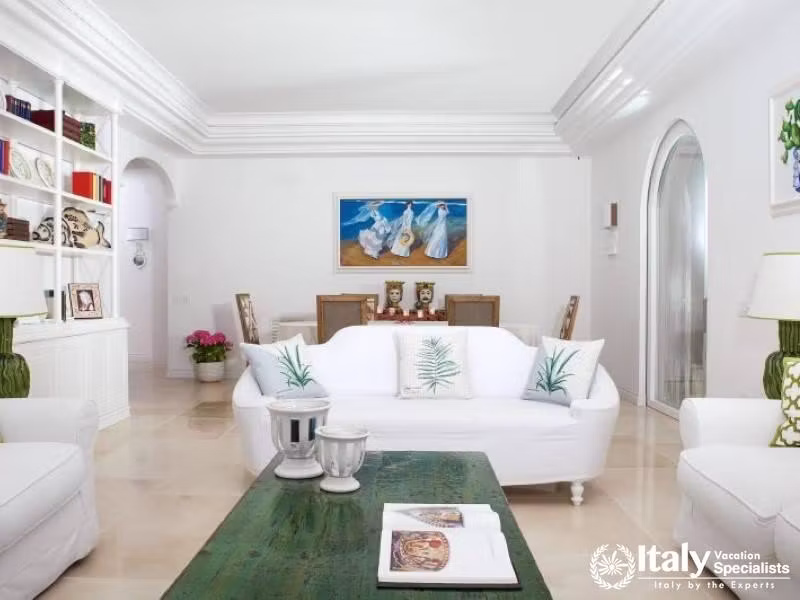 Stylish living room with modern decor and coastal charm.