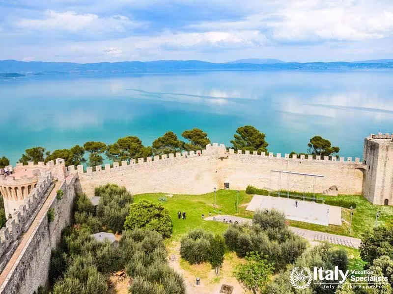 Trasimeno lake panoramic view,Castiglione del lago fortress, Umbria, Italy