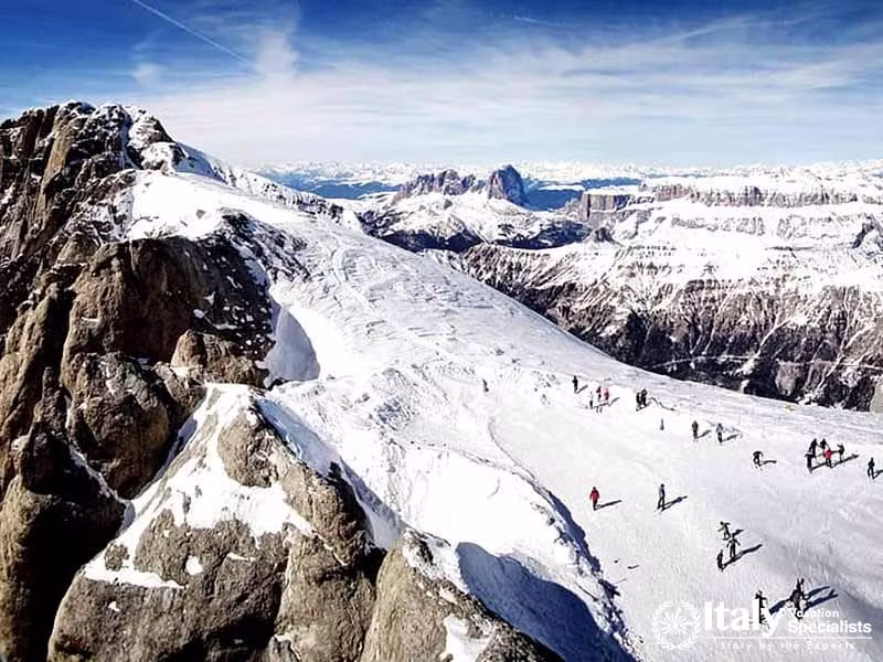 Skiing on the Snow Slopes of the Dolomite mountains in Italy