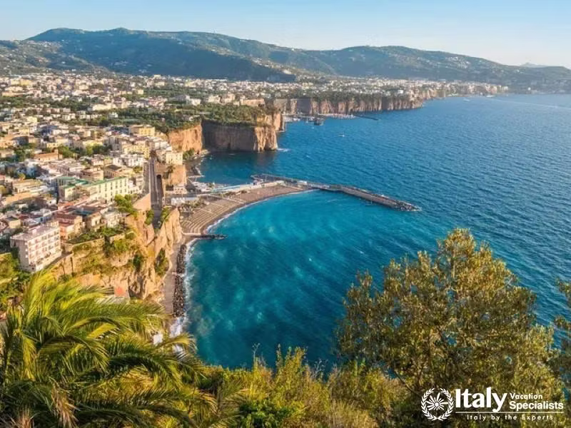Aerial view of Positanos picturesque coastline and colorful buildings.