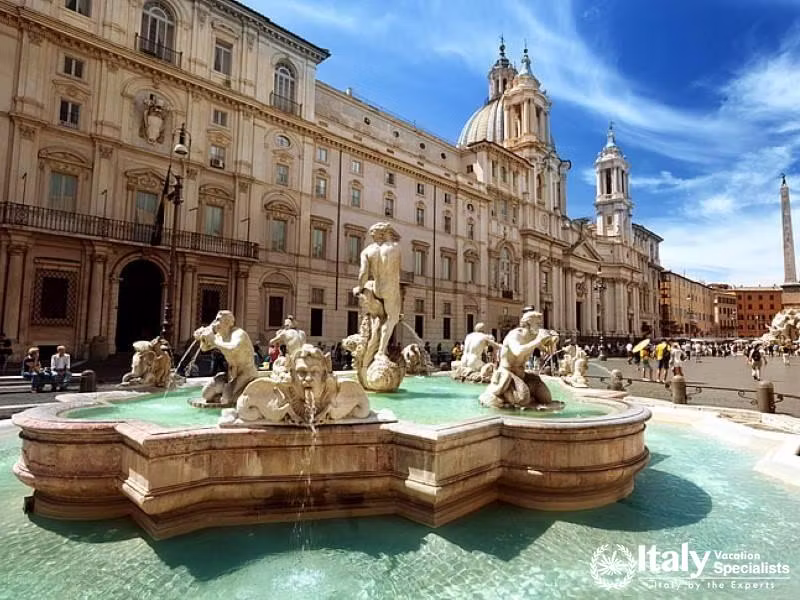 A famous city square in Rome, known for its fountains and baroque architecture.