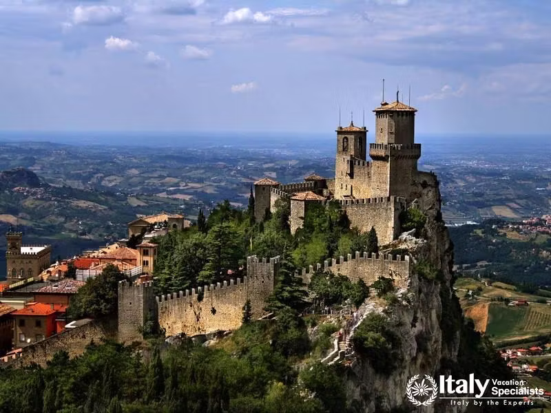 The iconic Three Towers of San Marino, offering breathtaking views from the heights of Mount Titano.