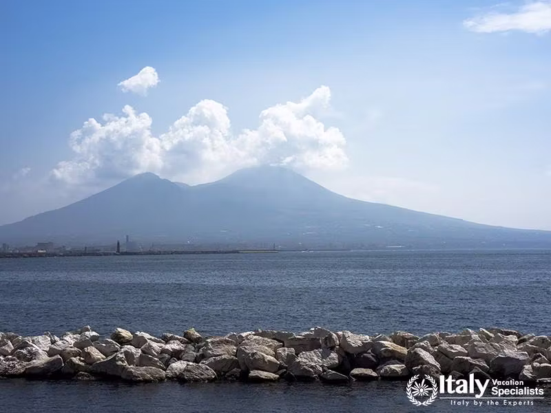 Sunset in the Bay of Naples, Italy. Mount Vesuvius can be seen on the horizon. Photographed near Sor