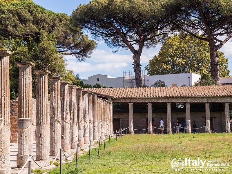 The View of theYard in the Ruins in Pompeii near Modern Naples, Italy