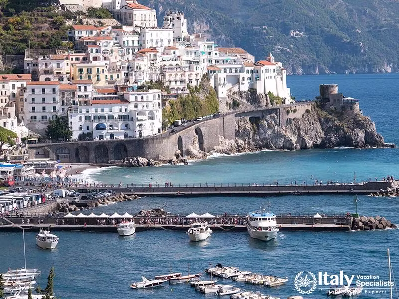The town and port of Amalfi on the Amalfi Coast in Southern Italy. Photographed on a clear day in ea
