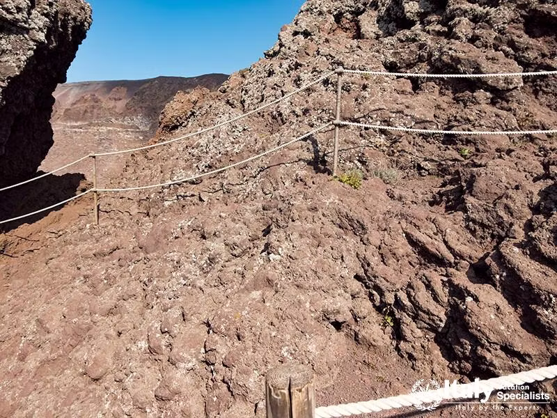 The hiking trail road to the top of volcano Vesuvius, around the crater in Italy, Naples.