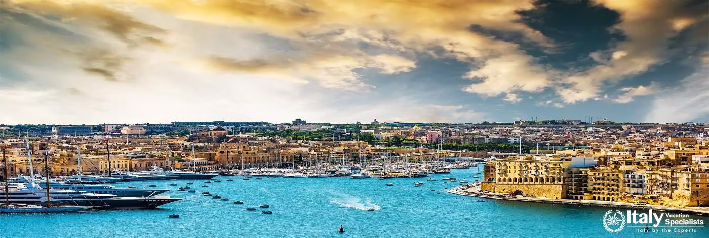 Beautiful Panoramic View on Valletta from the Sea at Sunset in Malta