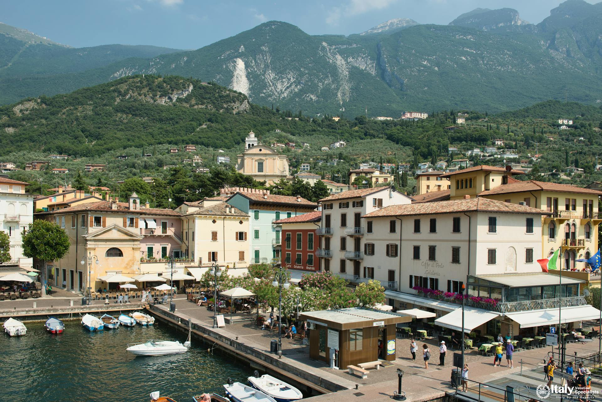 Quiet Lakeside Village and Boats Below Tremosine Cliffs