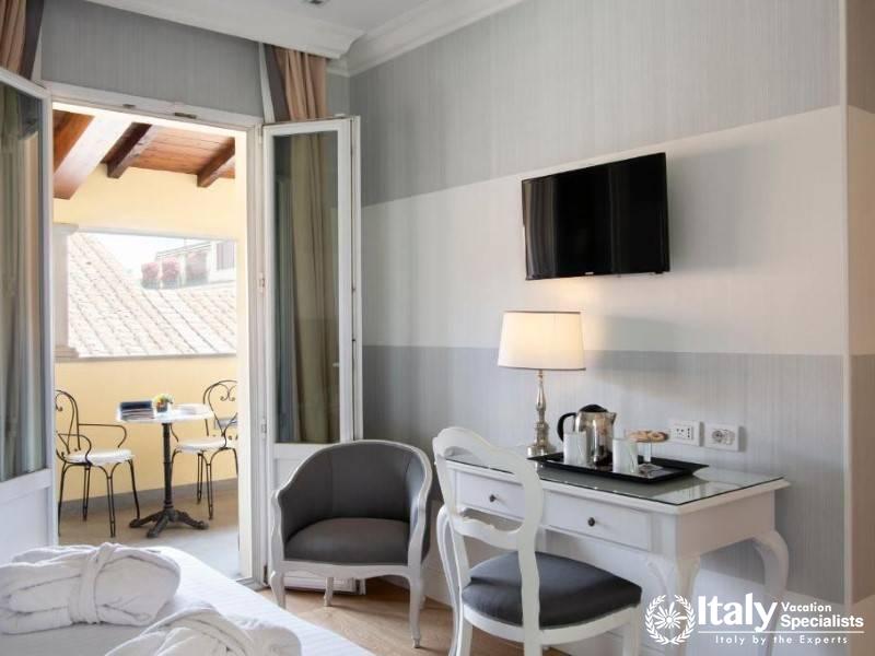Chic Boutique Bedroom Interior of Hotel Rapallo Florence, Italy, Luxury Stay